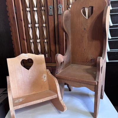 (2) Heart Cut Out Wood Doll Chairs