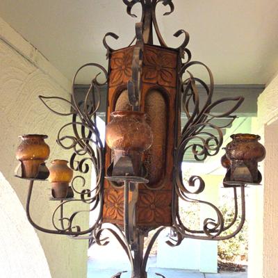 Gorgeous Terracotta Wood & Amber Glass Mid-Century Light Fixture