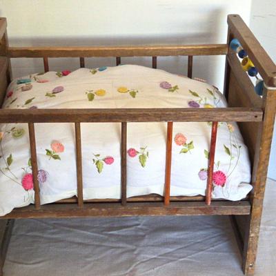 Miniature Antique Crib With Floral Mattress