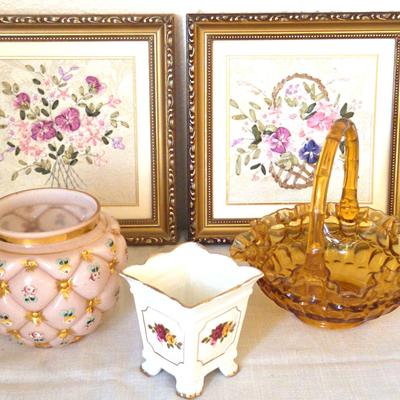 Pink EAPG, Painted Vase, Ribbon Embroidery Floral Art & Fenton Glass