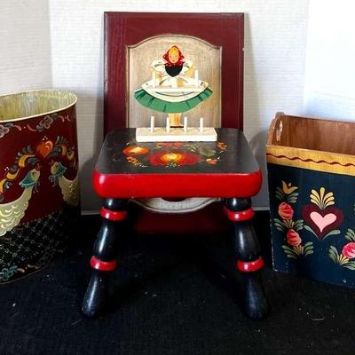 Hand Made Tole Painted Trash Cans & Footstool