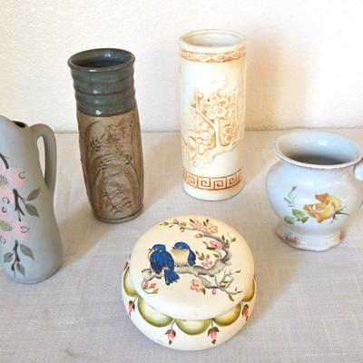 Two Hand-painted Porcelain Bisque And One Signed Pottery