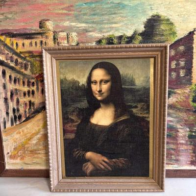 Mona Lisa Print w/Painted Village Scene