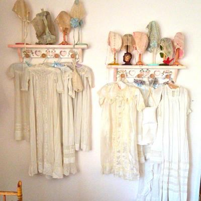 Vintage Antique Children's Clothing/Baptismal Gowns And Tatted Bonnets On Stand