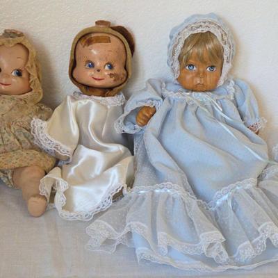 Two Vintage Three-faced Dolls And A Carved Wood Baby Doll