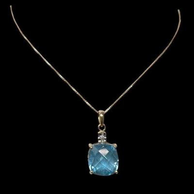 14K Gold Diamond & Blue Topaz Necklace 18"