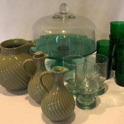Ready To Serve Your Guest-Mint Green Cake Dish, Pitcher, Glasses & Oil/ Vinegar Pitcher