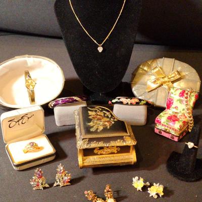 Lucien Piccard Watch And A Box Full Of Colorful And Sparkly Jewelry