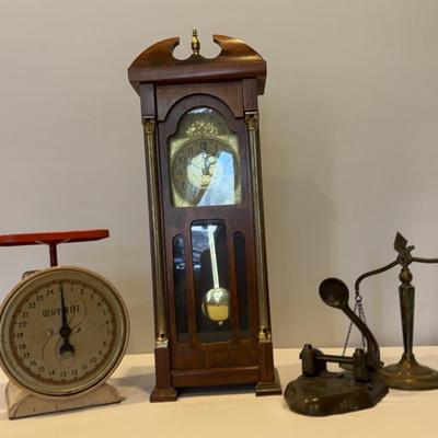 Vintage Items-Clock, Way Rite Scale, Marvel 60 Cast Iron 2 Hole Punch Wilson Jones, Brass Scale