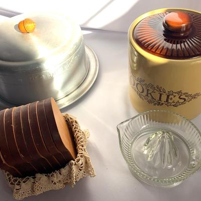 Vintage Cookie Jar, Cake Plate w/ Dome, Hand Juicer, And Cute Coasters