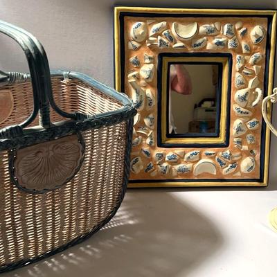 Metal Bird Bell, Pottery Pieces Framed Mirror And Large Handle Basket