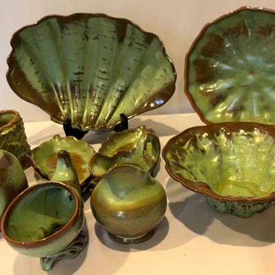 Green Decorative Frankoma Pottery-Leaf Serving Plates,Bowls, Pitchers 