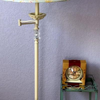 Cream Floor Lamp With Light Blue & Roses On Shade, Small Iron Table And Clock