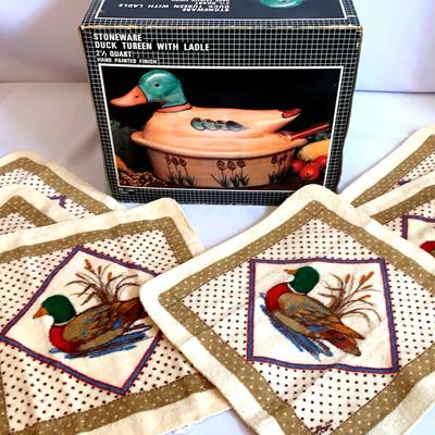 Stoneware Duck Tureen With Ladle 2 1/2 Quart Hand Painted Finish