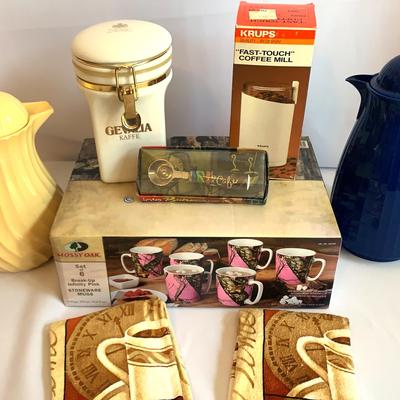 Coffee Anyone? Vintage Thermos, Set Of Mugs, Grinder, Towels And More!