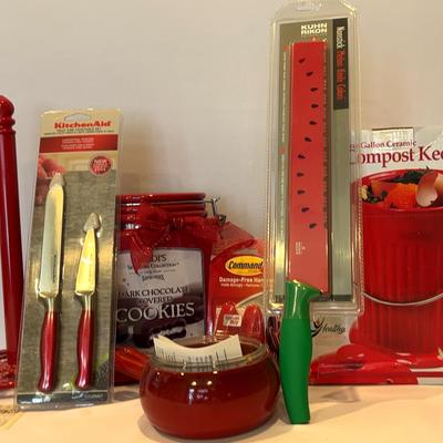 New Red Kitchen Items-Paper Towel Holder, Cookie Jar, Compost Keeper. Kichen Aid Knife Set, & More 