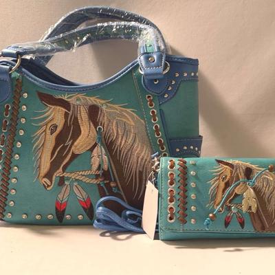 Pony Horse Embroidery Western Turquoise Women Purse & Crossbody