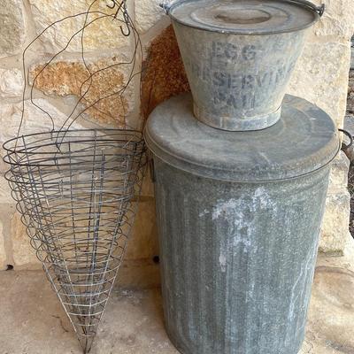 Galvanized bin, bucket and 3 hanging baskets 