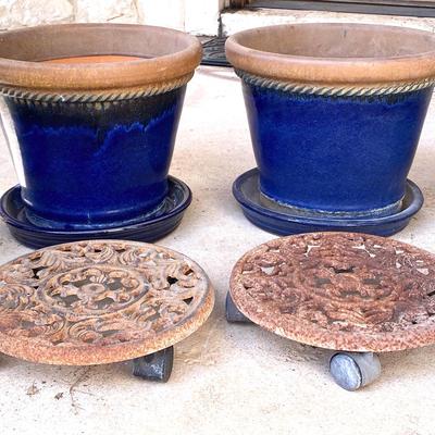 Lot of Blue painted terracotta pots +  stands with wheels 