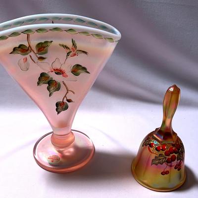 Fenton Handpainted Pink Vase And Christmas Bell 