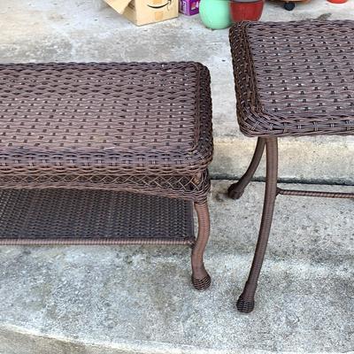 Set Of 2 Outdoor Tables Brown Wicker