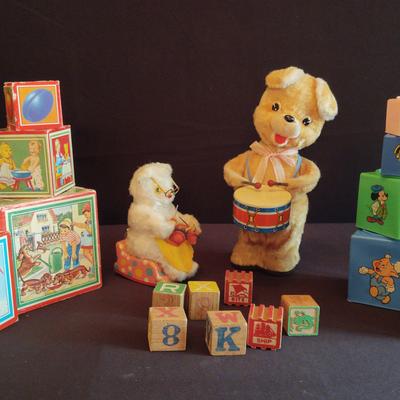 Vintage Mechanical Bears, Stacking Boxes, And Old Fashioned Alphabet Blocks