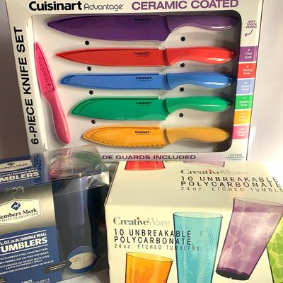 Colorful Kitchen, Drinkware, And Knife Set New In Boxes