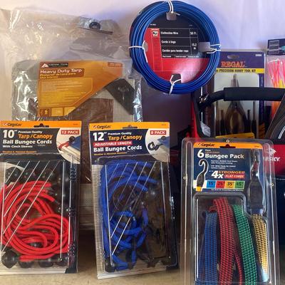 Heavy Duty Tarp and tie down supplies + tool organizer/misc tools 