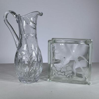 (2pc) Glassware | Including a floral patterned pitcher and a square-form vase. - h. 12.5 x w. 4.5 in (Pitcher - Width of opening)

