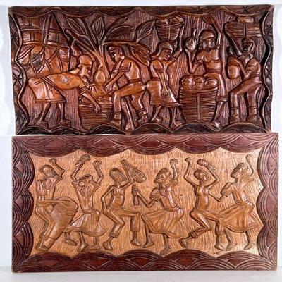 (2pc) Wooden African Motif Wall Decor | Including a carved wood depiction of dancers with drummer and a carved wood scene of men/woman...