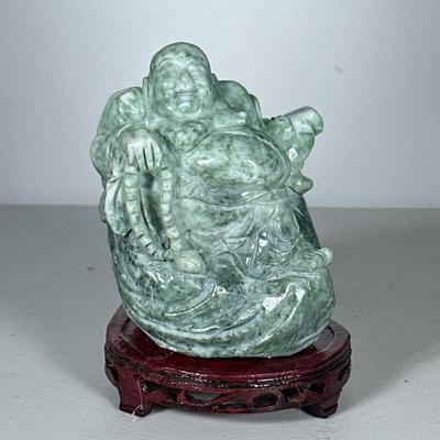 Carved Jade Buddha Figure | Carved jade or other green stone, on a conforming wood stand (not attached) and including a fitted box. - h....