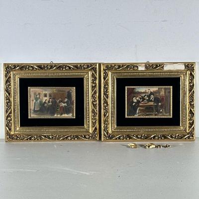 (2pc) Judaica Porcelain Plaques | Gold frames with black velvet matting surround painted porcelain plaques of Rabbinical studies /...