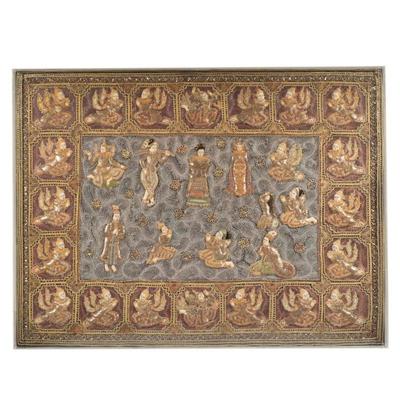 LARGE BURMESE KALAGA TAPESTRY WITH FIGURAL SCENES | Hand-stitched Burmese Kalaga tapestry featuring raised embroidered figures, sequins,...