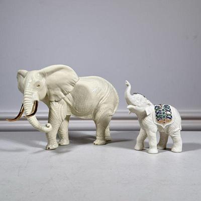 (2pc) lenox elephants | Elephant with gold tusks and a smaller elephant with raised trunk and colorful decor, each marked on the bottom....