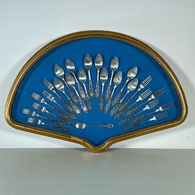 Framed Pewter Flatware | In a fan shaped gilt shadow box frame. - h. 16.5 x w. 24.5 x d. 1.75 in (frame)

