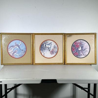 (3pc) Asian Bird Pictures | All in gold frames with round matting, each with "Transart Industries" label on verso. - h. 17 x w....