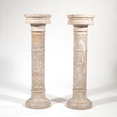 Pair Stone Display Pedestals | Marble or other variegated stone display columns, heavy! Round tops. - h. 39.5 x dia. 11.5 in

