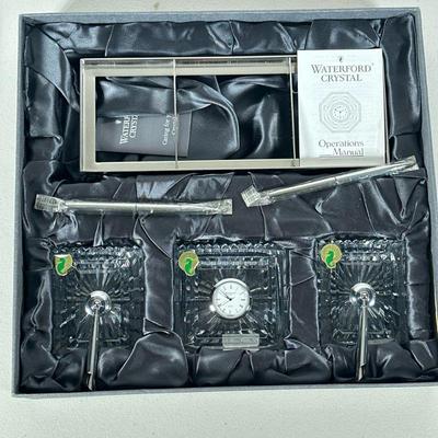 [nib] Waterford Crystal Desk Set | Three piece desk set, comprising two pens and stands and a central quartz clock. - h. 13 x w. 14 in...