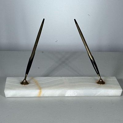 Cross Pens & Stand | Two gold plated Cross pens on a banded onyx pen stand with cross label to bottom. - w. 3.25 x l. 11.25 in (stand)