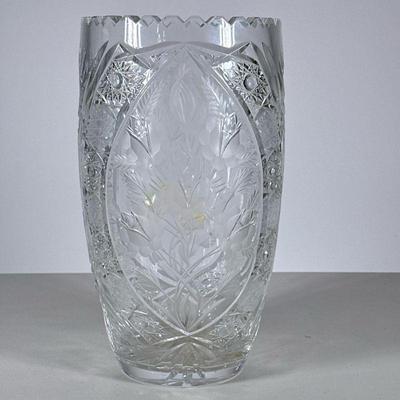 Cut Crystal Vase | A large leaded crystal barrel vase decorated with cut roses and stars, possibly Czech or German. - h. 12 x dia. 6.5 in

