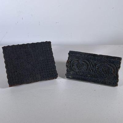 (2pc) Carved Wood Pattern Blocks | Two black wood carved pattern printing blocks, with hanging wire for use as wall decor; 3 x 6 in. and...