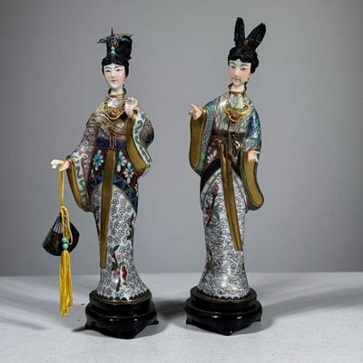 (2pc) Chinese Cloisonné Figures | Two female figures decorated in cloisonné and with painted bone faces. - h. 9.5 x w. 2.5 in (ea....