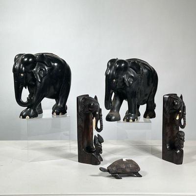 (5pc) Braswell Galleries African Carvings | Including a pair of elephants, a pair of figure sculptures, and a carved turtle. - h. 9 x l....