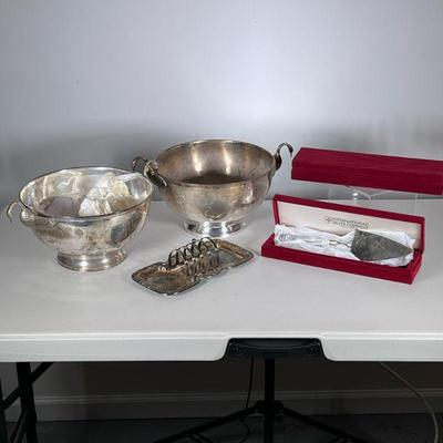 (5pc) Silver plate Serving Items | Including two Indian serving bowls with bird handles, a toast server, and two international Silver...