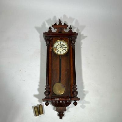 CLOCK CASE & PARTS | Carved wood clock case with parts inside and box of other clock parts. - h. 37 x w. 17.5 x d. 6.5 in

