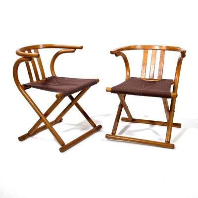Pair Thonet Style Mid Century Folding Armchairs | Bentwood folding chairs in the Thonet style with stitched cloth seats and u-shaped...