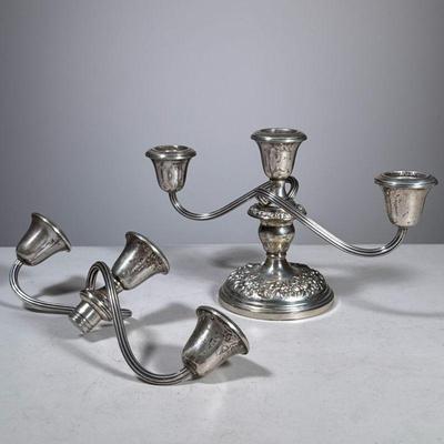 (2pc) Gorham Sterling Candelabra | Weighted sterling silver three light candle holders, one lacking stan, each piece with fineness mark....