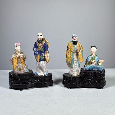(2pc) Cloisonné Figures | Two sets of two figures having carved and painted bone faces and hands in cloisonne dress, each mounted on...