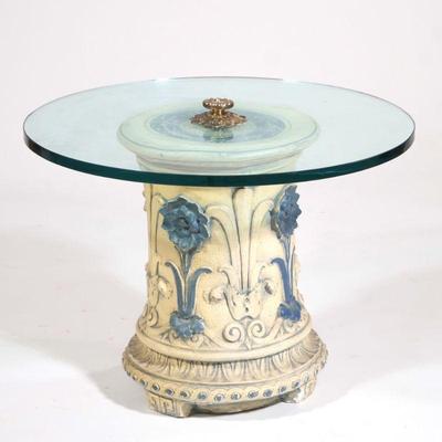Column form Side Table | Designed as a cast plaster painted Column-form side table with decoration in relief, having a 0.75” thick round...