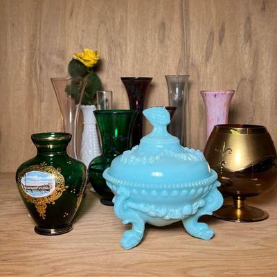 (11pc) MIXED COLORED & BLOWN GLASS VASES & OTHER | Blown & molded color & clear glass vases, bud vases, lidded bowls...